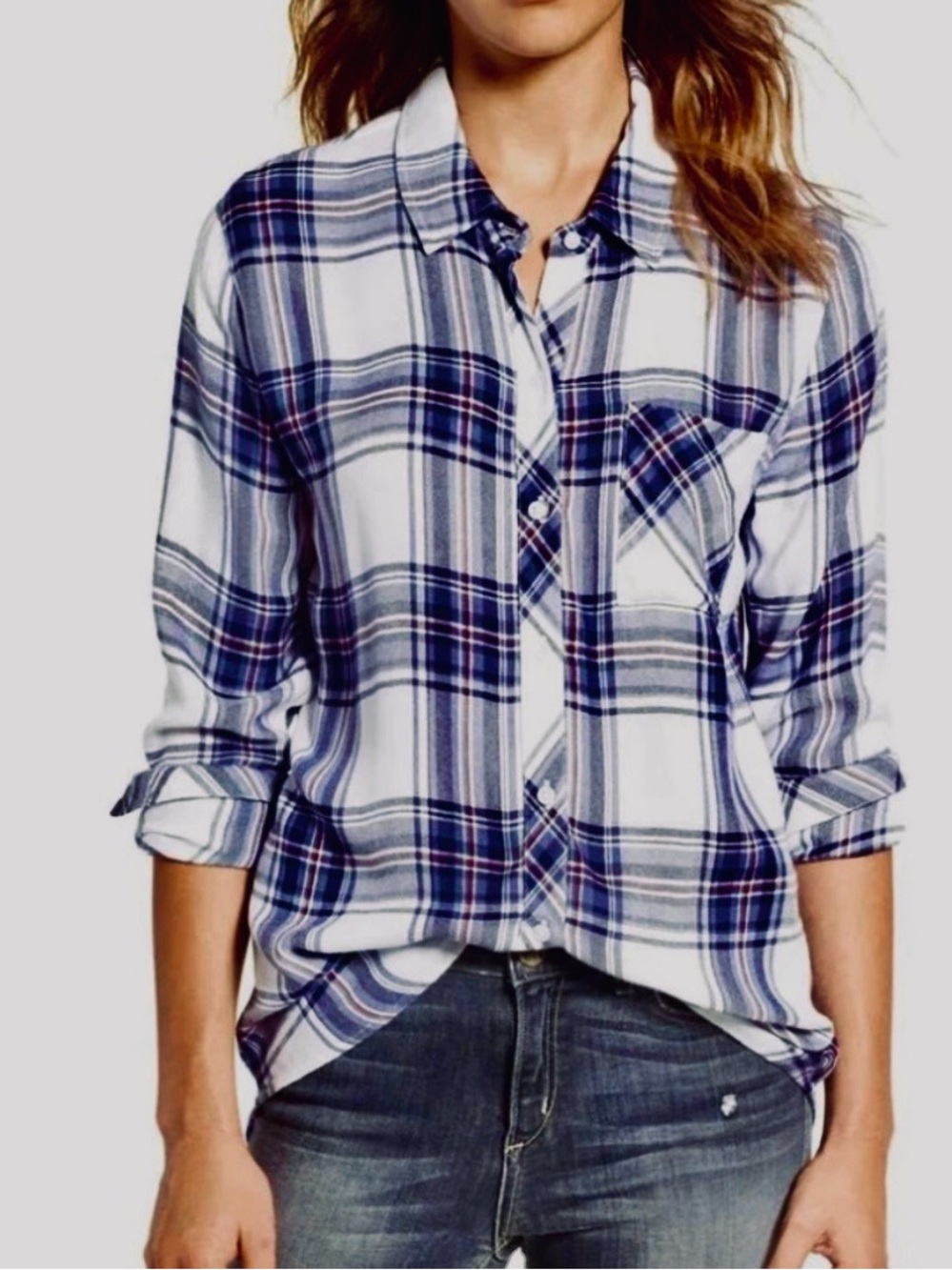 Rails Hunter Plaid Flannel Long Sleeve Button Up Shirt White/Dusk/Rouge Sz L